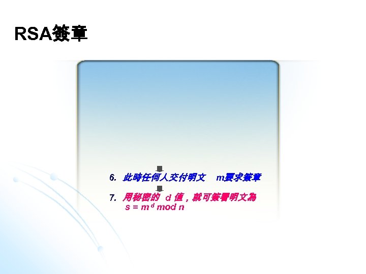 RSA簽章 6. 此時任何人交付明文 m要求簽章 7. 用秘密的 d 值，就可簽署明文為 s = m d mod n