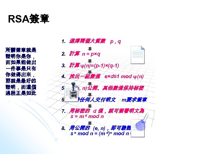 RSA簽章 1. 選擇兩個大質數 p , q 所謂簽章就是 證明你是你， 而如果能做出 一件事是只有 你做得出來， 那就是最好的 證明，而這個 過程正是如此