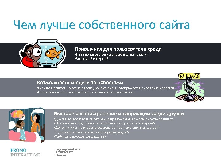 Чем лучше собственного сайта Привычная для пользователя среда • Не надо заново регистрироваться для