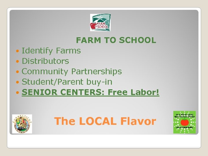 FARM TO SCHOOL Identify Farms Distributors Community Partnerships Student/Parent buy-in SENIOR CENTERS: Free Labor!