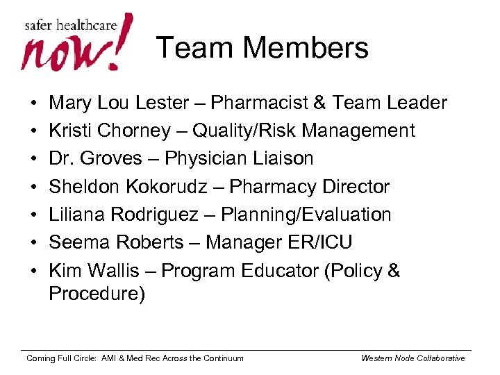 Team Members • • Mary Lou Lester – Pharmacist & Team Leader Kristi Chorney