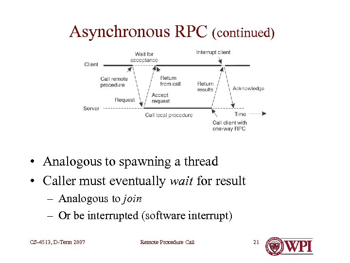 Asynchronous RPC (continued) • Analogous to spawning a thread • Caller must eventually wait