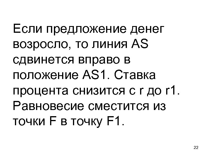 Если предложение денег возросло, то линия АS сдвинется вправо в положение AS 1. Ставка