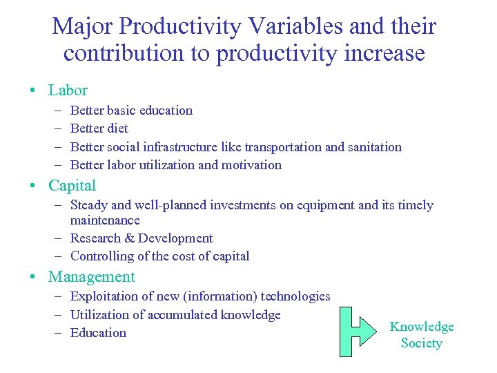 Major Productivity Variables and their contribution to productivity increase • Labor – – Better