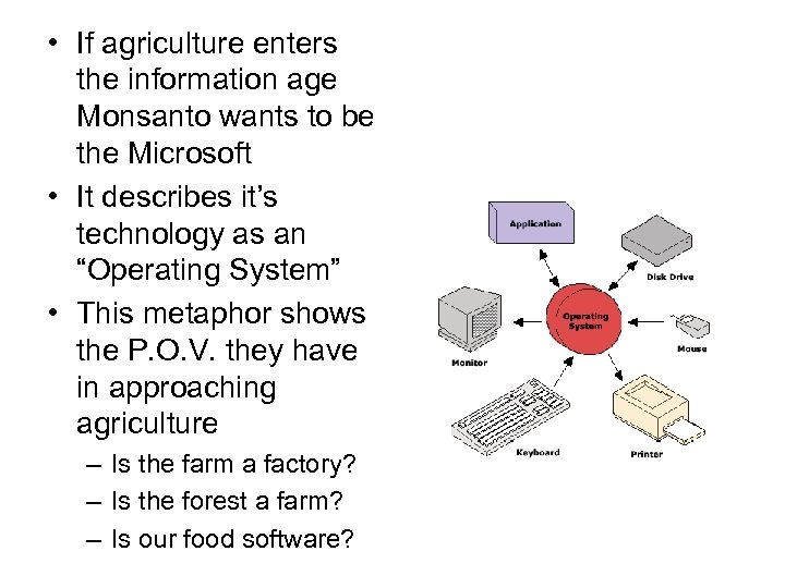 • If agriculture enters the information age Monsanto wants to be the Microsoft