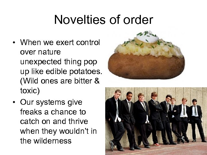 Novelties of order • When we exert control over nature unexpected thing pop up