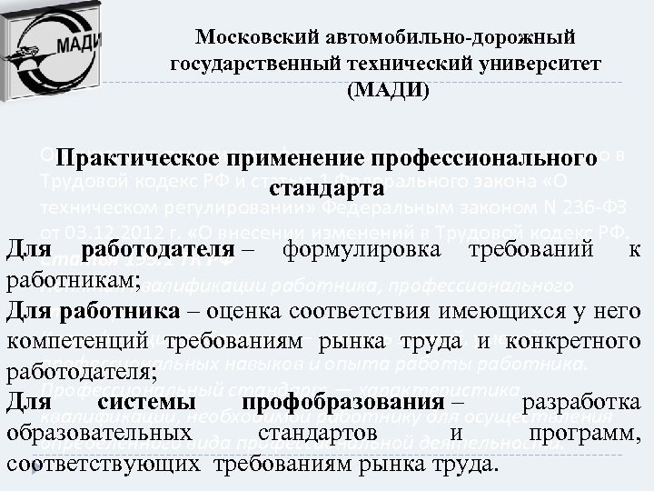 Московский автомобильно-дорожный государственный технический университет (МАДИ) Официально понятие профессионального стандарта введено в Практическое применение