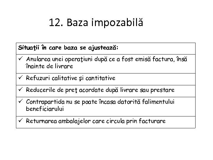 12. Baza impozabilă Situaţii în care baza se ajustează: Anularea unei operaţiuni după ce