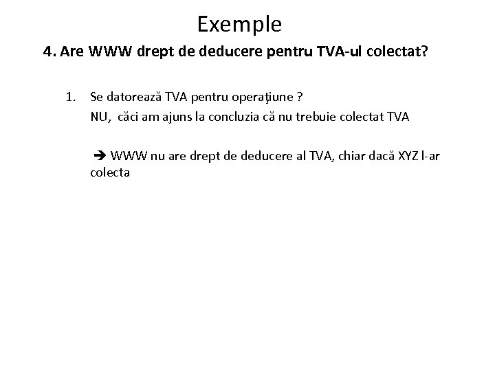 Exemple 4. Are WWW drept de deducere pentru TVA-ul colectat? 1. Se datorează TVA