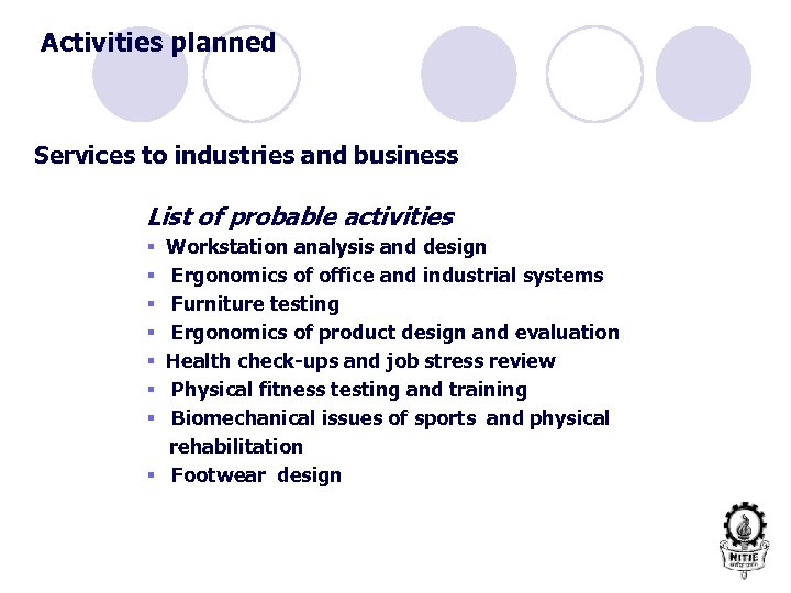 Activities planned Services to industries and business List of probable activities Workstation analysis and