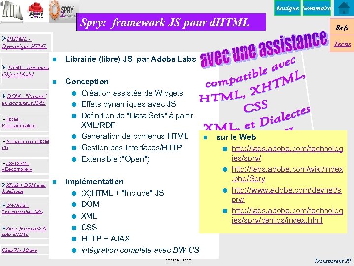 y y Lexique Sommaire Spry: framework JS pour d. HTML ØDHTML Dynamique HTML Techs