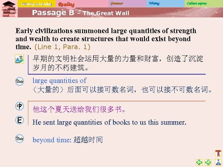 Listening and speaking Reading Passage B Grammar Writing Culture express – The Great Wall