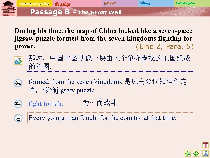 Listening and speaking Reading Passage B Grammar Writing Culture express – The Great Wall