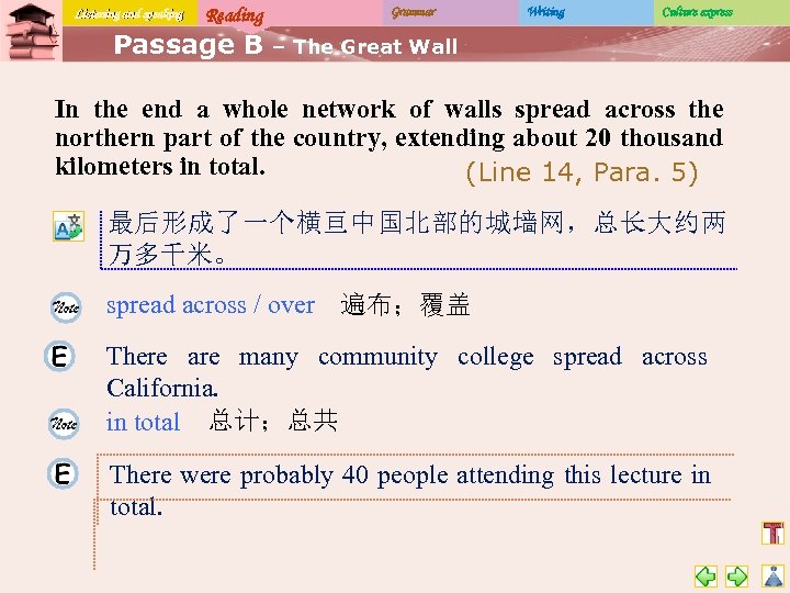 Listening and speaking Reading Passage B Grammar Writing Culture express – The Great Wall
