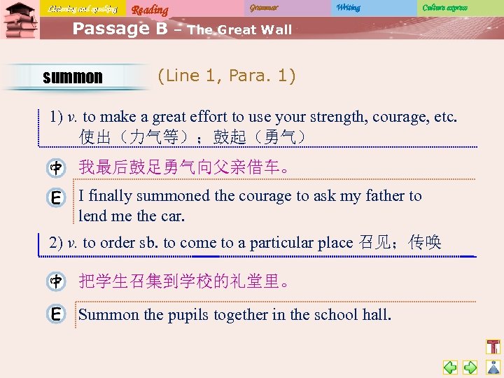 Listening and speaking Reading Passage B summon Grammar Writing Culture express – The Great