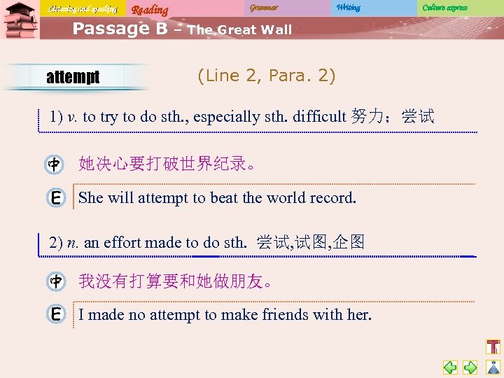 Listening and speaking Reading Passage B attempt Grammar Writing Culture express – The Great