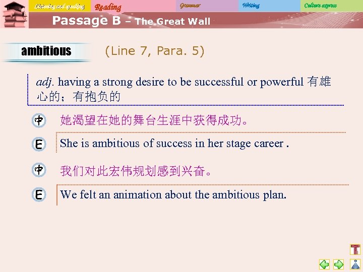 Listening and speaking Reading Passage B ambitious Grammar Writing Culture express – The Great