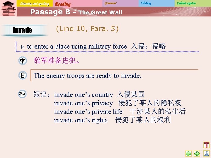 Listening and speaking Reading Passage B invade Grammar Writing Culture express – The Great