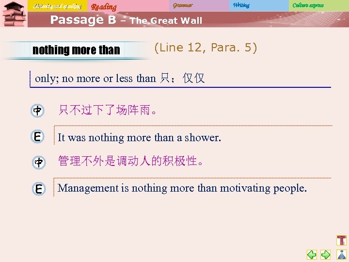 Listening and speaking Reading Passage B nothing more than Grammar Writing Culture express –