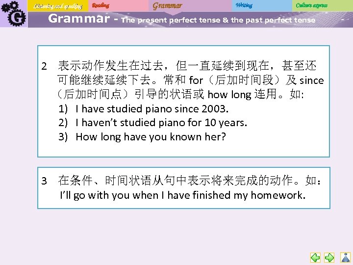 Listening and speaking Grammar Reading Grammar - Writing Culture express The present perfect tense