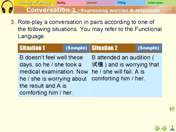 Listening and speaking Reading Grammar Writing Culture express Conversation 1 - Expressing worries &