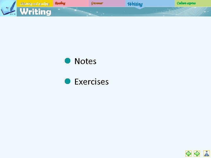 Listening and speaking Reading Grammar Writing l Notes l Exercises Writing Culture express 