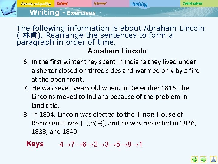 Listening and speaking Reading Writing Grammar Writing Culture express - Exercises The following information