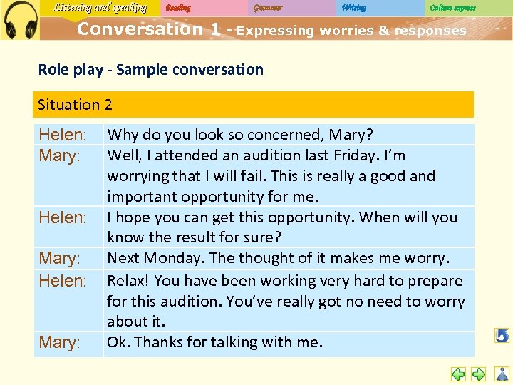 Listening and speaking Reading Grammar Writing Culture express Conversation 1 - Expressing worries &