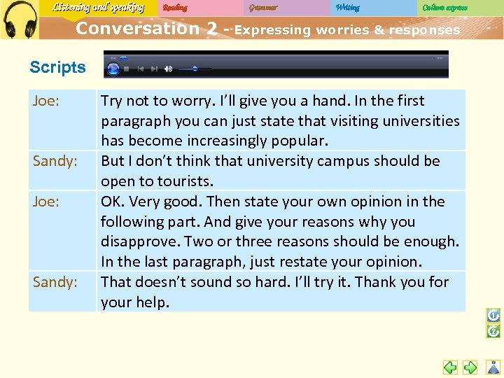 Listening and speaking Reading Conversation 2 Grammar Writing Culture express - Expressing worries &