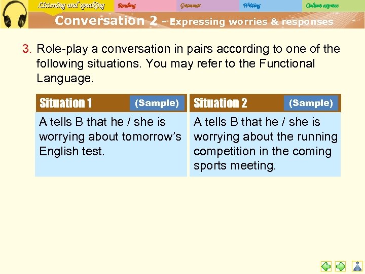 Listening and speaking Reading Conversation 2 Grammar Writing Culture express - Expressing worries &