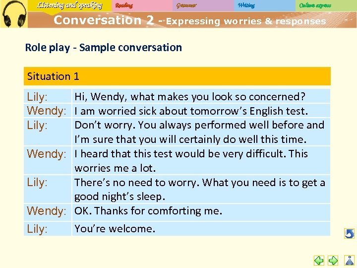 Listening and speaking Reading Conversation 2 Grammar Writing Culture express - Expressing worries &