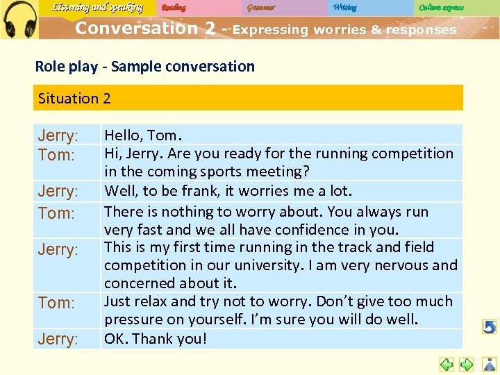 Listening and speaking Reading Conversation 2 Grammar Writing Culture express - Expressing worries &