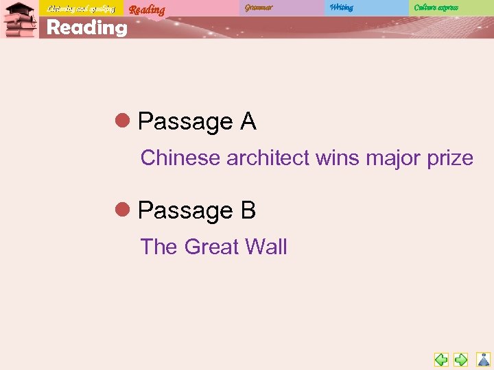 Listening and speaking Reading Grammar Writing Culture express l Passage A Chinese architect wins