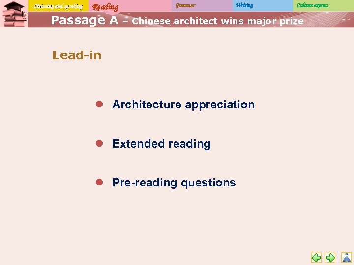 Listening and speaking Reading Passage A Grammar Writing Culture express – Chinese architect wins
