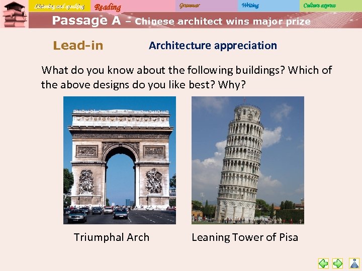 Listening and speaking Reading Passage A Lead-in Grammar Writing Culture express – Chinese architect