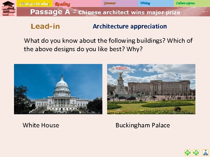 Listening and speaking Reading Passage A Lead-in Grammar Writing Culture express – Chinese architect