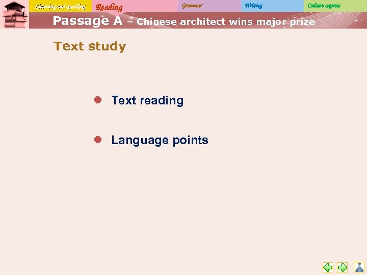 Listening and speaking Reading Passage A Grammar Writing Culture express – Chinese architect wins