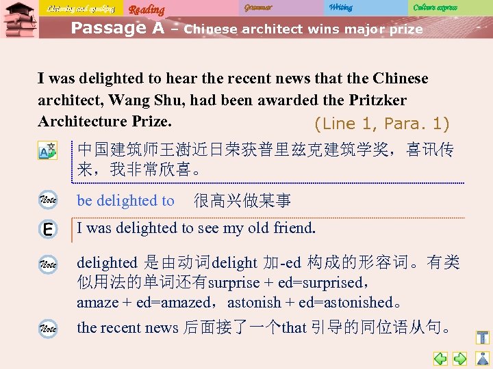Listening and speaking Reading Passage A Grammar Writing Culture express – Chinese architect wins