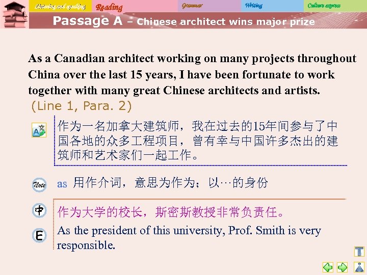Listening and speaking Reading Passage A Grammar Writing Culture express – Chinese architect wins