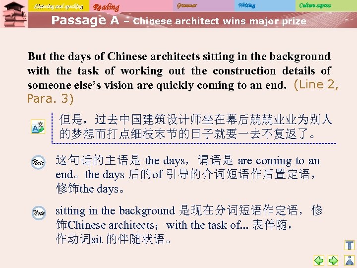 Listening and speaking Reading Passage A Grammar Writing Culture express – Chinese architect wins
