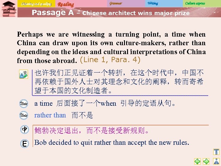 Listening and speaking Reading Passage A Grammar Writing Culture express – Chinese architect wins
