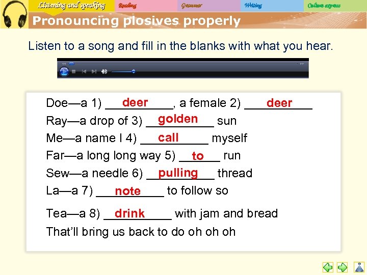 Listening and speaking Reading Grammar Writing Culture express Pronouncing plosives properly Listen to a