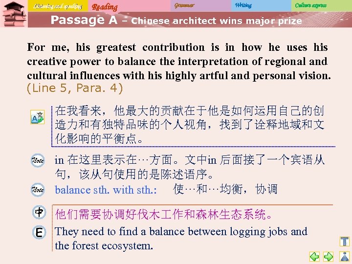 Listening and speaking Reading Passage A Grammar Writing Culture express – Chinese architect wins