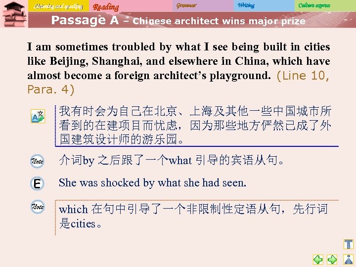 Listening and speaking Reading Passage A Grammar Writing Culture express – Chinese architect wins
