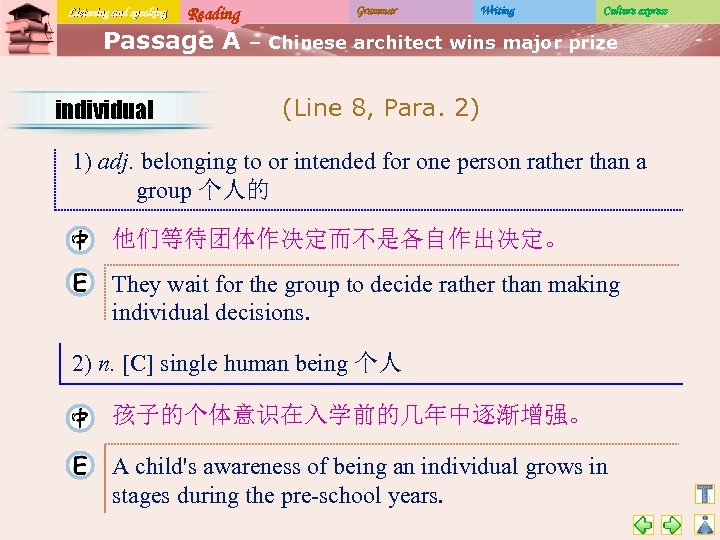 Listening and speaking Reading Passage A individual Grammar Writing Culture express – Chinese architect