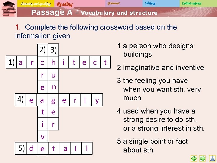 Listening and speaking Reading Passage A Grammar Writing Culture express – Vocabulary and structure