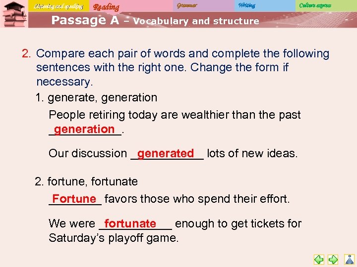 Listening and speaking Reading Passage A Grammar Writing Culture express – Vocabulary and structure