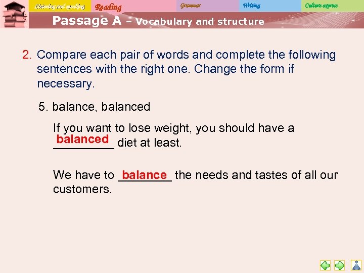 Listening and speaking Reading Passage A Grammar Writing Culture express – Vocabulary and structure