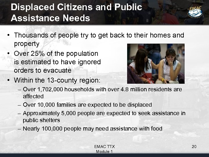 Displaced Citizens and Public Assistance Needs • Thousands of people try to get back