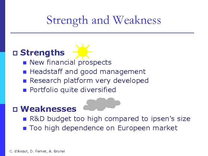 Strength and Weakness p Strengths n n p New financial prospects Headstaff and good